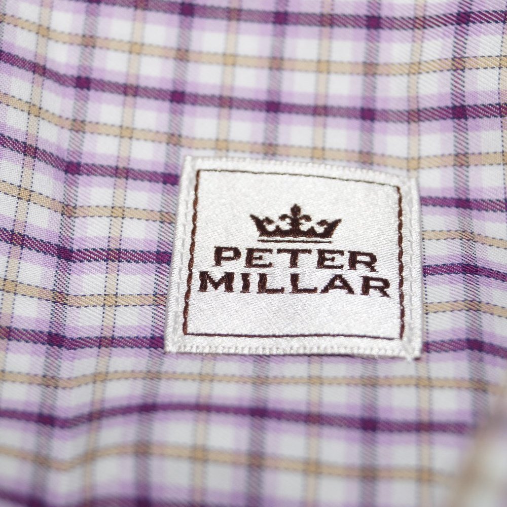 Peter Millar Checked Golf Dress Shirt Casual Men's Large Purple White Cotton EUC